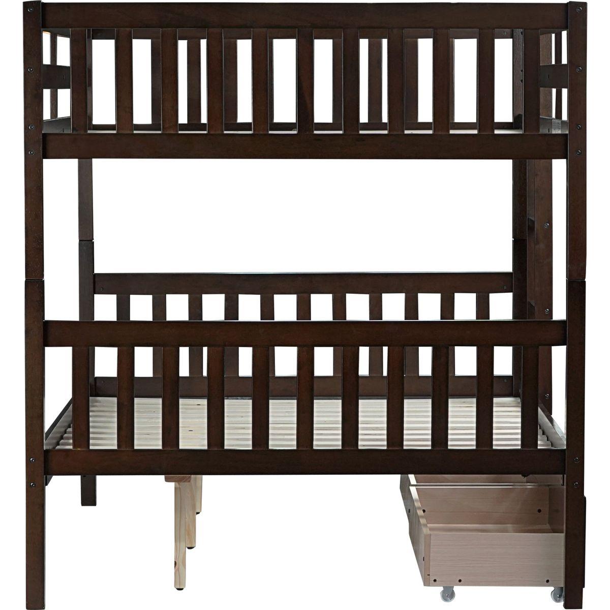 full Over full Rubber Wood Bunk Bed with 2 Drawers, Convertible into 2 full Beds, full Size Bunk Bed with Ladder and Safety Guardrails ,Espresso