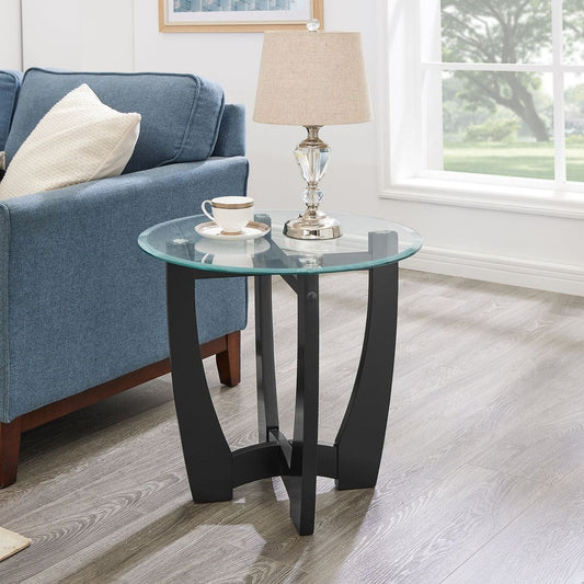 23.5 inch round glass coffee table, black round coffee table center table with glass top, small coffee table for living room, office and apartment