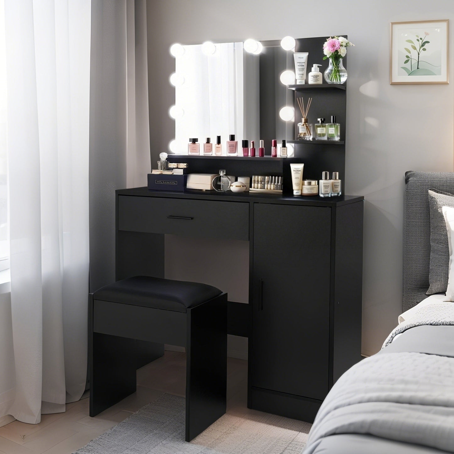 Vanity Desk with Mirror and Lights, Makeup Vanity with Drawer & Storage Cabinet, 3 Adjustable Lighting Colors, Makeup Desk with Open Shelves for Bedroom, Dressing Room, Black