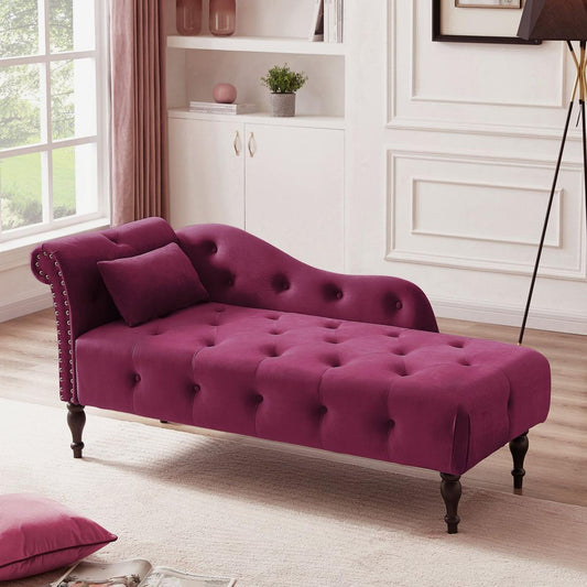 Bedroom Bedding & Decor: 60.6" Velvet Chaise Lounge Buttons Tufted Nailhead Trimmed Solid Wood Legs with 1 Pillow,Burgundy (Left Arm Design as Shown in the Picture) by Streamdale Furniture