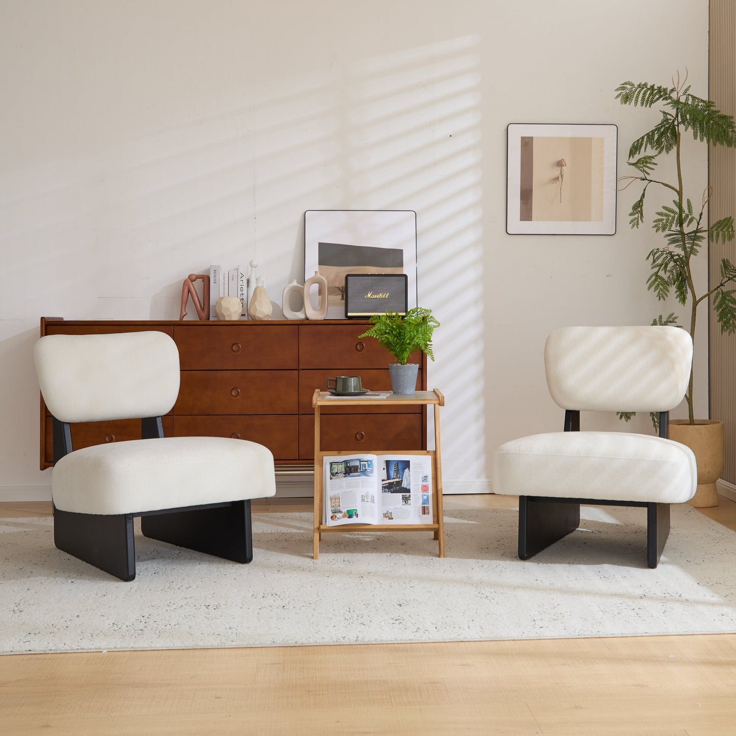 [Set of 2] Modern Beige Lounge Chair with Polyester Upholstery, Sturdy Black Wood Base, Minimalist Design, Stylish and Comfortable Accent Seating for Living Room, Bedroom, or Office
