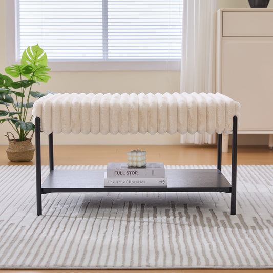 Upholstered Ottoman Coffee Table Foot Rest with Black Metal Legs and Open Storage, Faux Fur, Beige, 30.7' Wide