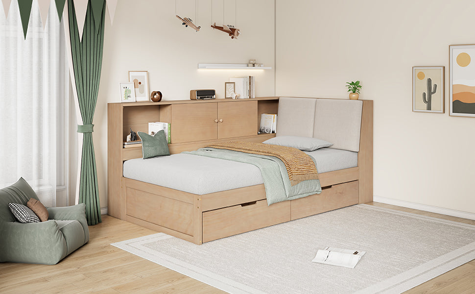 Wooden Twin Size L-shaped Daybed Corner Bed Under-bed Drawers  with Storage Bookcase and Upholstered Headboard and USB Charging Ports for Limited Space,Natural
