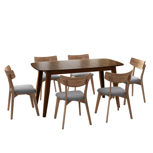 Dining & Tableware: 7-Piece Mid-Century Dining Set with Walnut Finished Frame, Upholstered Dining Chairs ,Dark Grey & Wood Dining Table by Streamdale Furniture