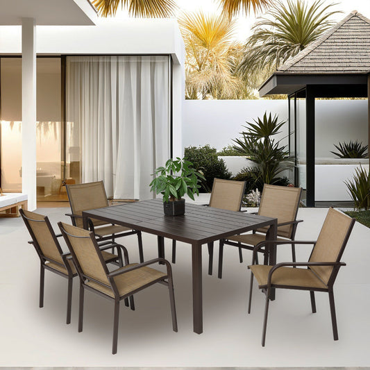 Dining & Tableware: 7 Pieces Patio Dining Set,  Outdoor Furniture Table and 6 Textilene Chairs, Outdoor Furniture with Rectangular Table and 6 Stackable Chairs Family Conversation Set for Garden Backyard Deck-Brown by Streamdale Furniture