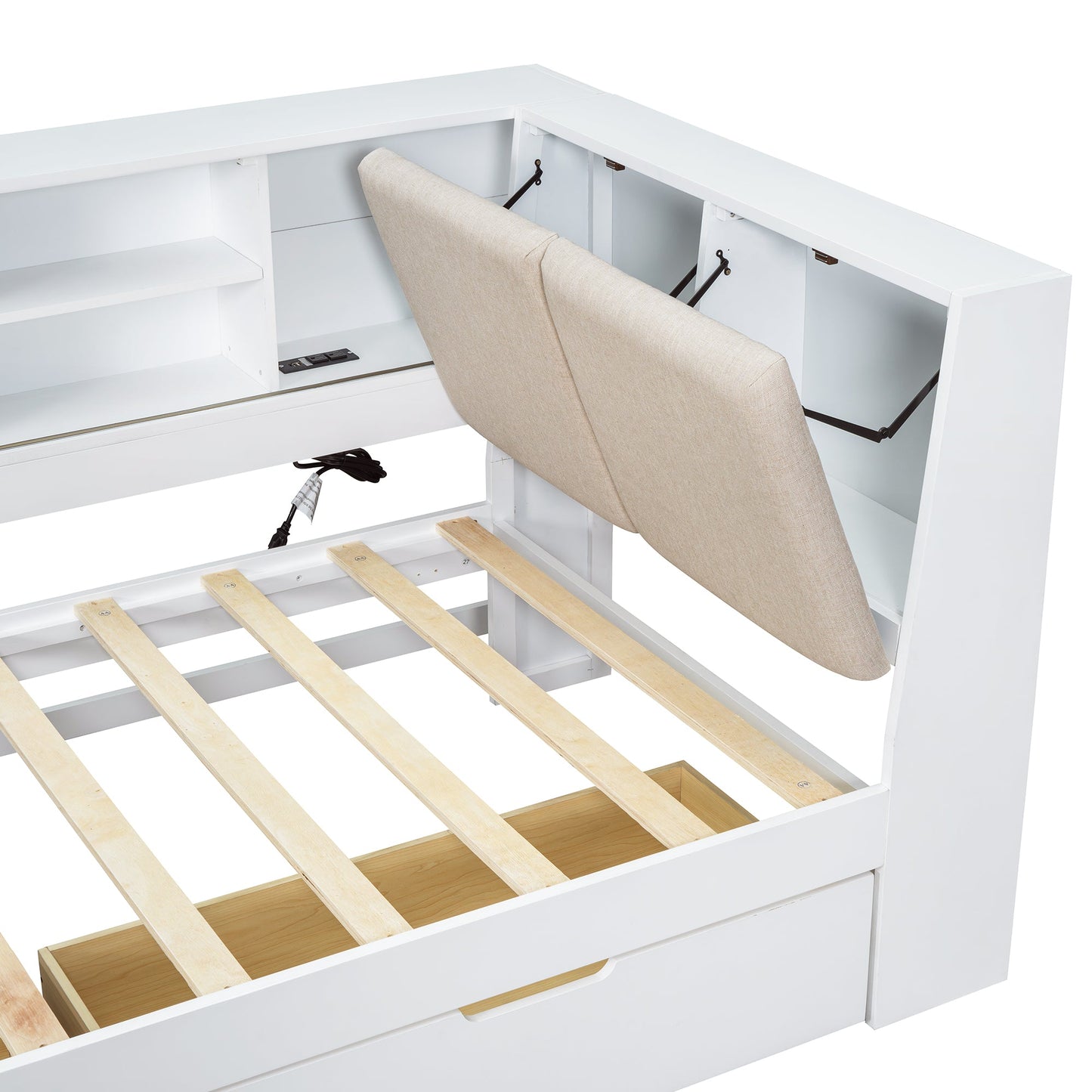 Wooden Twin Size L-shaped Daybed Corner Bed Under-bed Drawers  with Storage Bookcase and Upholstered Headboard and USB Charging Ports for Limited Space,White