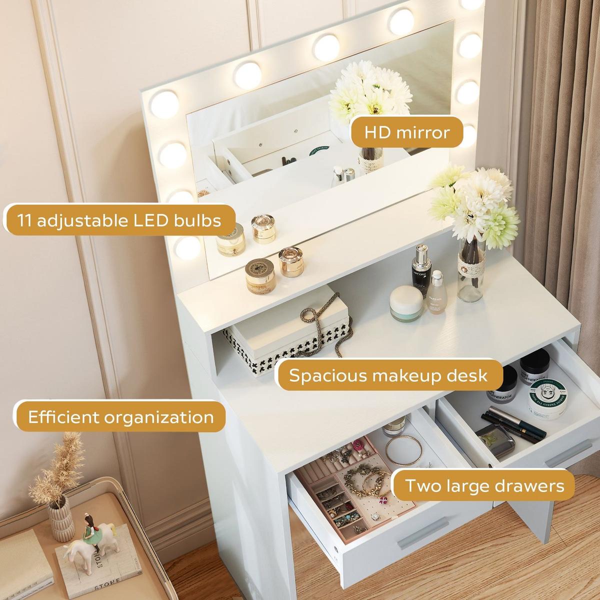 Vanity Desk with Mirror and Lights, Dressing Table with Large Drawer, 2 Level Storage Dresser & 3 Lighting Modes Adjustable Brightness, Suitable for Bedroom(White)