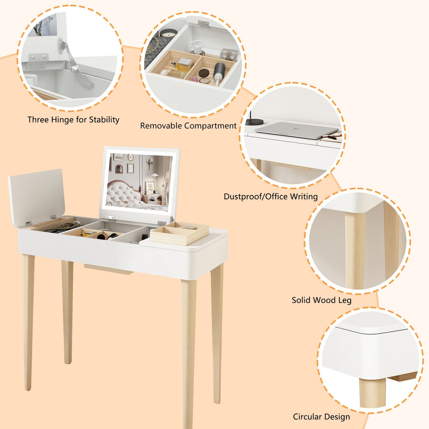 Vanity Mirror With Lights and Solid Wood Legs and Flip-Up High Definition Mirror