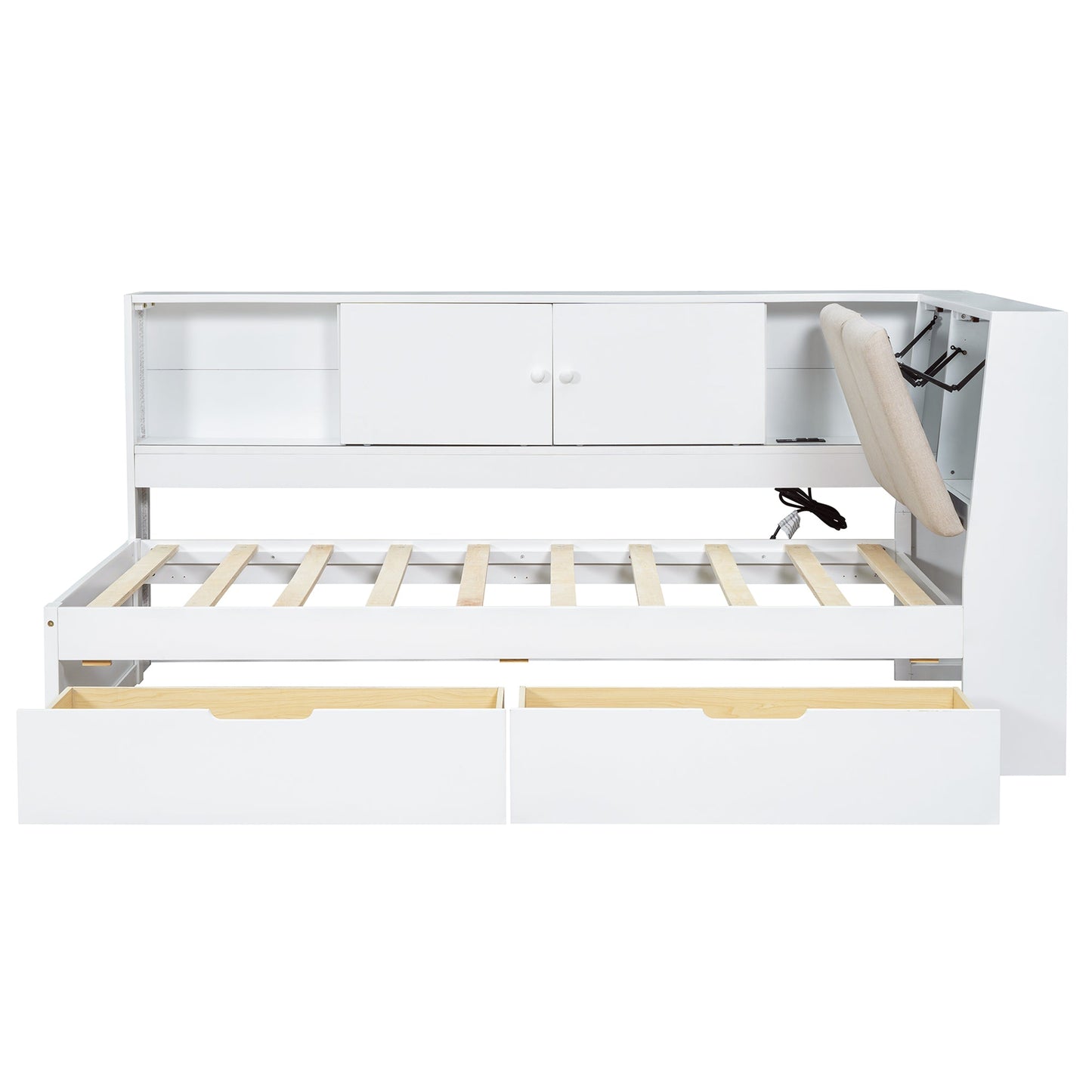 Wooden Twin Size L-shaped Daybed Corner Bed Under-bed Drawers  with Storage Bookcase and Upholstered Headboard and USB Charging Ports for Limited Space,White