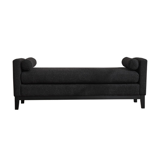 Bedroom Bedding & Decor: Elegant Upholstered Bench, Daybed, Ottoman with Wood Legs & 2 Bolster Pillows, Black Boucle, 66.34' by Streamdale Furniture