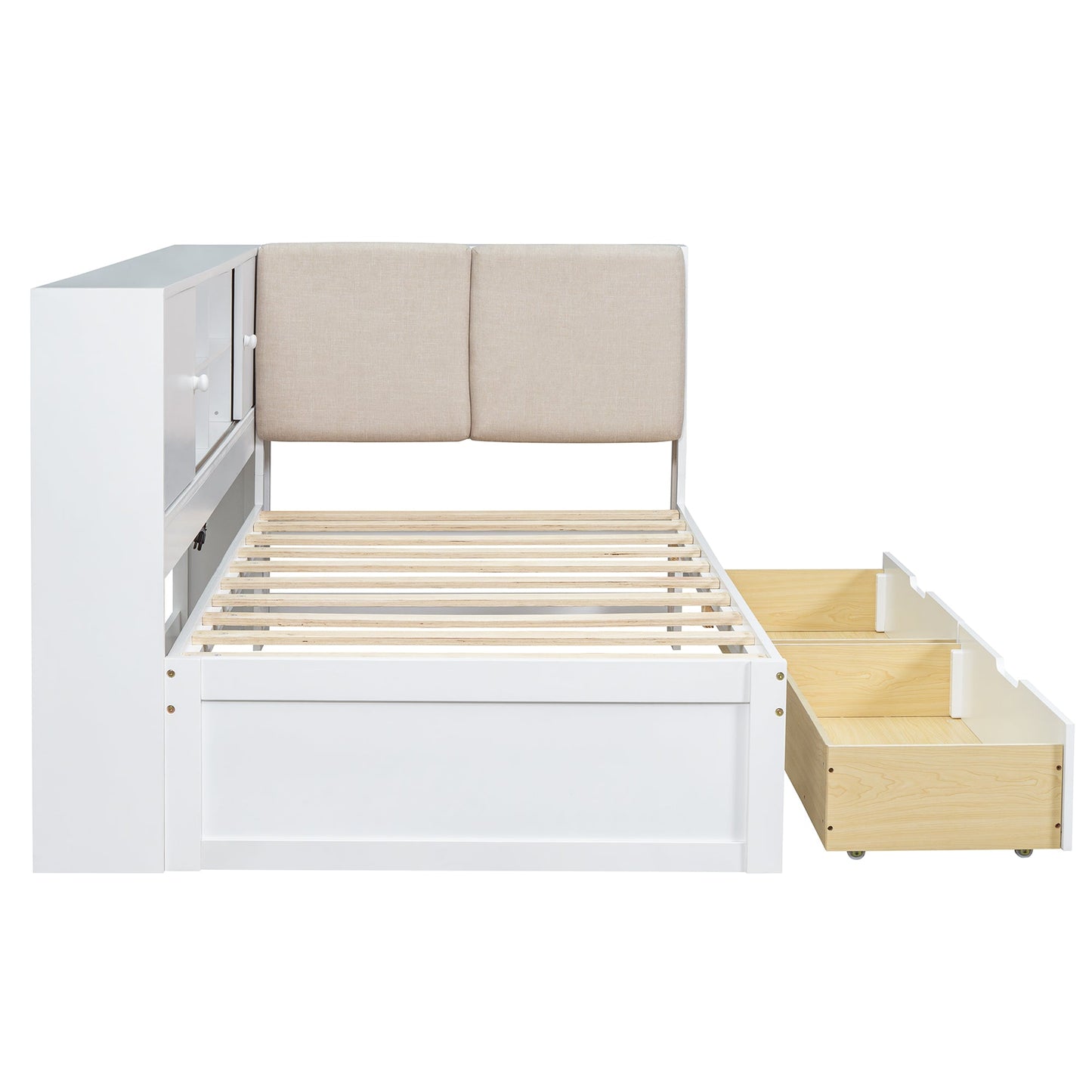 Wooden Twin Size L-shaped Daybed Corner Bed Under-bed Drawers  with Storage Bookcase and Upholstered Headboard and USB Charging Ports for Limited Space,White