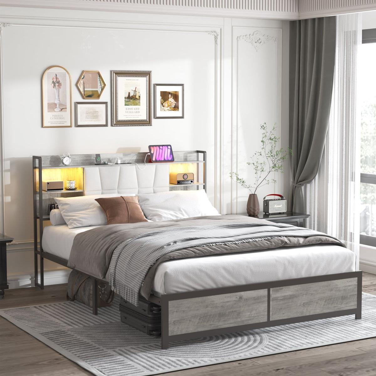 Robot Vacuum: Queen Size Bed Frame with LED Light & Power Outlet, Platform Bed with Upholstered Headboard and Storage, Sturdy Metal Slats Support, No Box Spring Needed, Easy Assembly, Noise-Free by Streamdale Furniture
