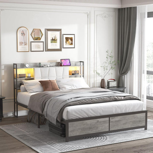 Robot Vacuum: Queen Size Bed Frame with LED Light & Power Outlet, Platform Bed with Upholstered Headboard and Storage, Sturdy Metal Slats Support, No Box Spring Needed, Easy Assembly, Noise-Free by Streamdale Furniture