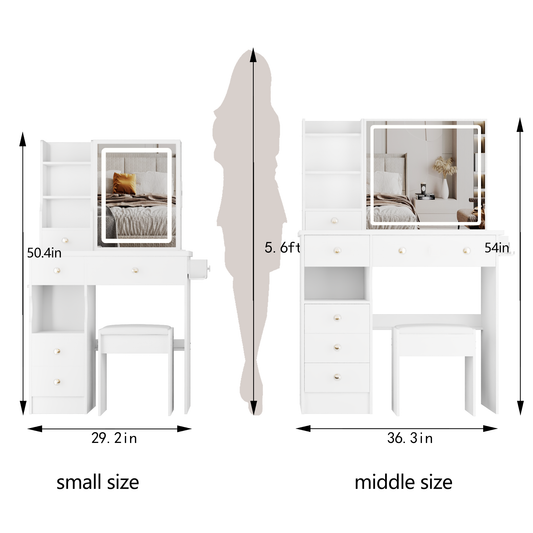 29.2' Small Size Left Drawer Desktop Vanity Table + Cushioned Stool, 2 AC+2 USB Power Station, Hair dryer bracket, Extra Large Touch Control Sliding LED Mirror, Tri-color Switching, Brightness Adjust