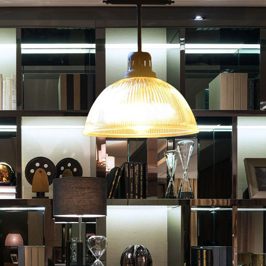 Ava's Adjustable Black Dome Pendant Light - Industrial Chic with Prismatic Glass