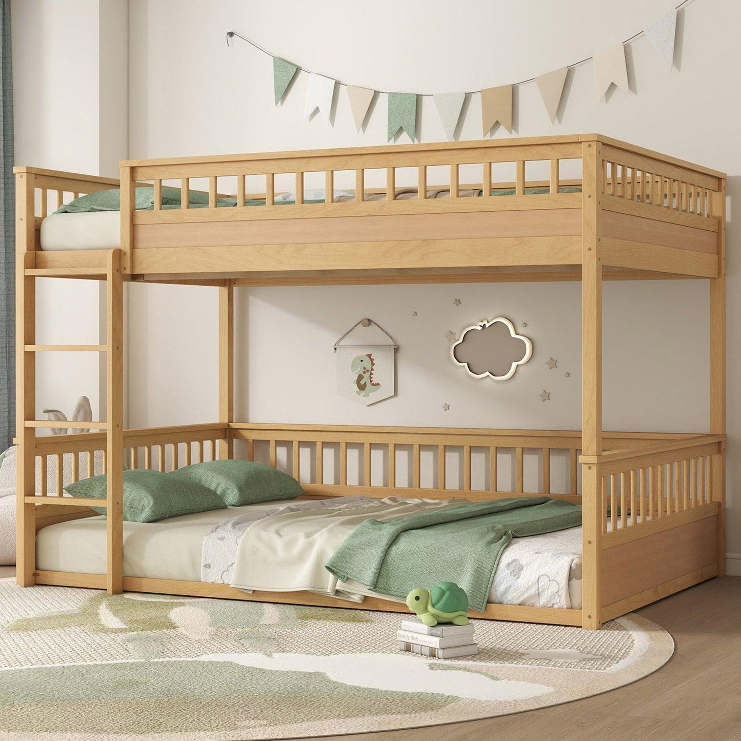 Bedroom Bedding & Decor: Queen over Queen Bunk Bed with Ladder and Guardrails, Natural by Streamdale Furniture