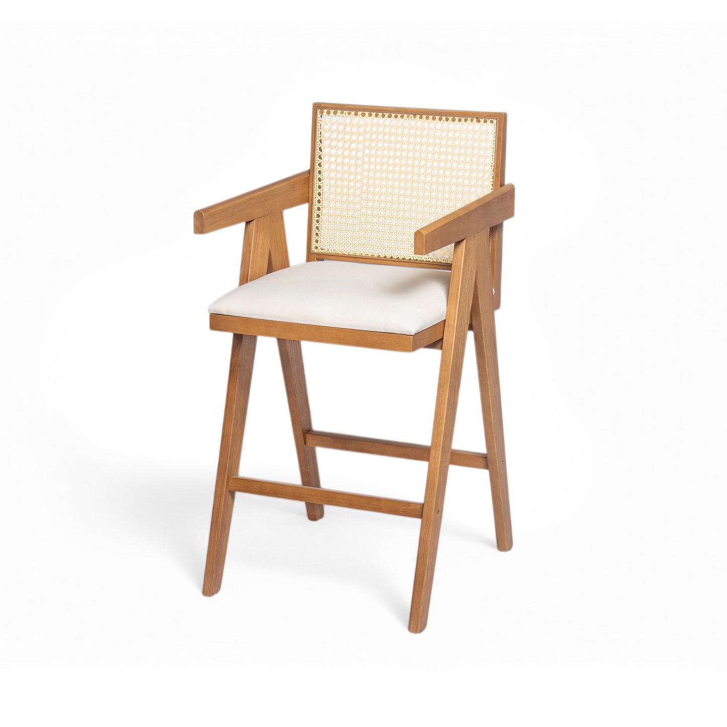 27' Height, Cream Woven Cane Plastic Backrest Bar Stool - Foam-Padded Fabric Seat & Durable Rubberwood Frame