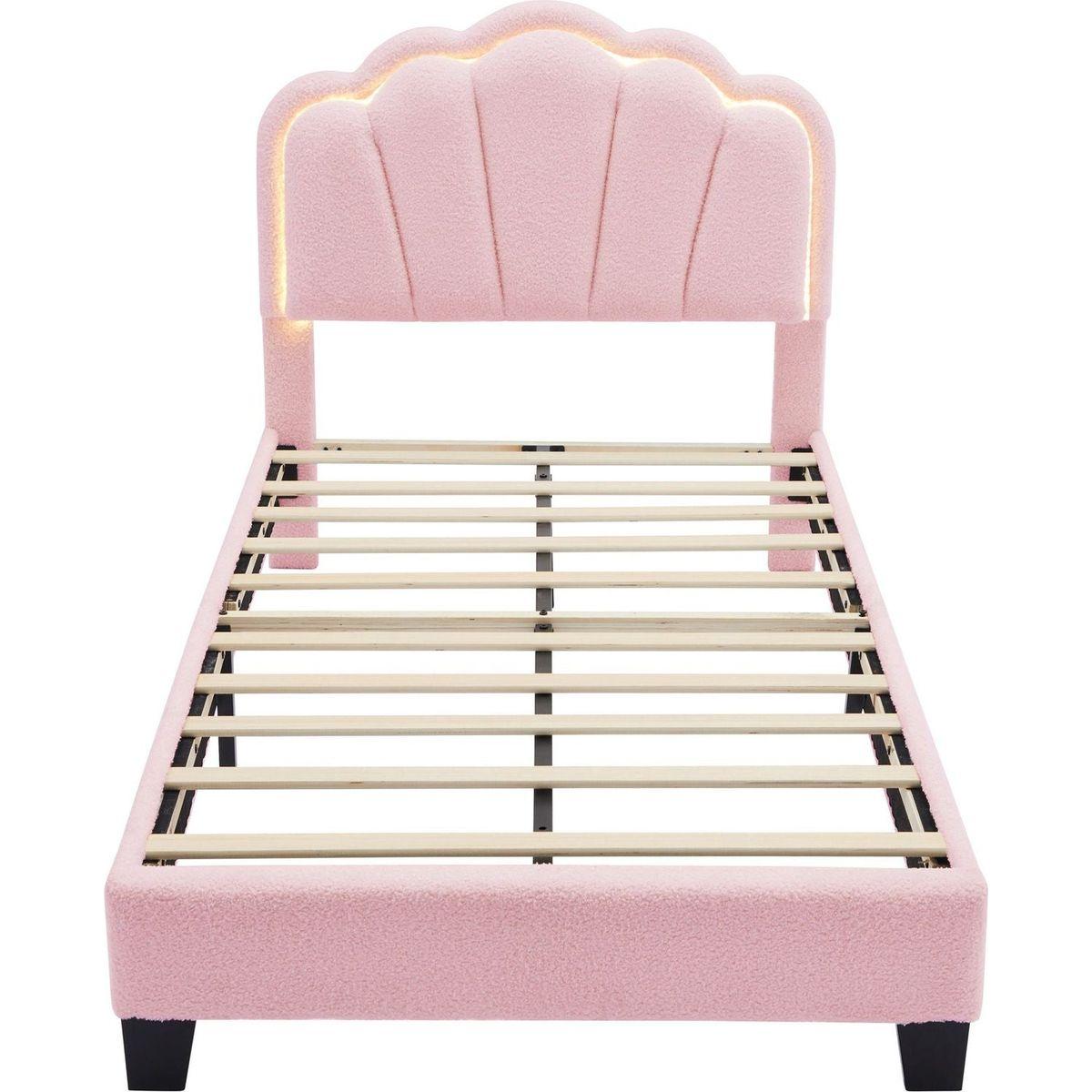 2-Pieces Bedroom Sets Twin Size Flower-Shaped Upholstered LED Platform Bed with Storage Ottoman-Sherpa Fabric, Pink