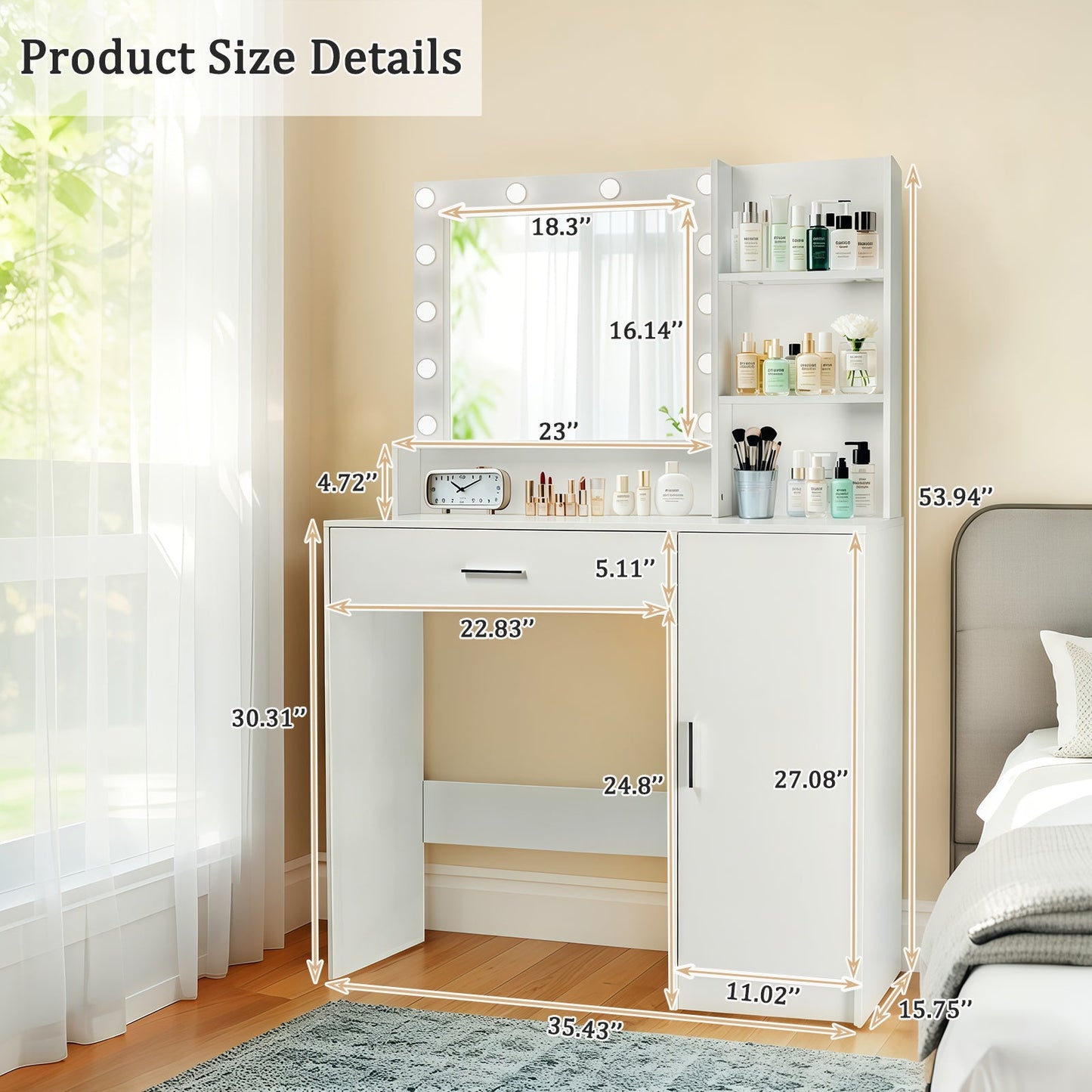 Vanity Desk with Mirror and Adjustable LED Lights, 3 Lighting Modes, Drawer and Storage Cabinet, White MDF
