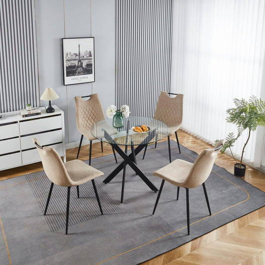 1+4,5pieces dining set, Table metal leg Mid-century Dining Table for 4-6 people With glass Table Top, Pedestal Dining Table, End Table Leisure Coffee Table