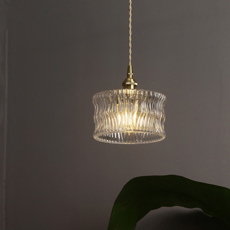 Aurora Gold Cylindrical Ribbed Glass Pendant Lamp - Elegant Clear Ceiling Light for Sitting Rooms