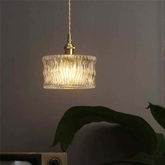 Aurora Gold Cylindrical Ribbed Glass Pendant Lamp - Elegant Clear Ceiling Light for Sitting Rooms