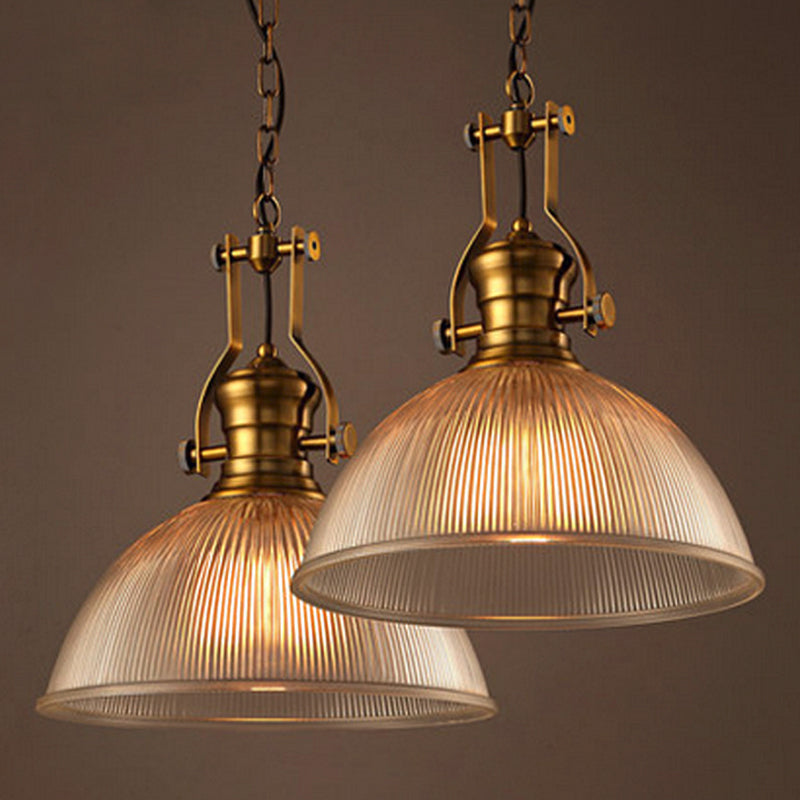 Edison's Industrial Embrace: Brass Bowl Pendant Lamp with Ribbed Glass