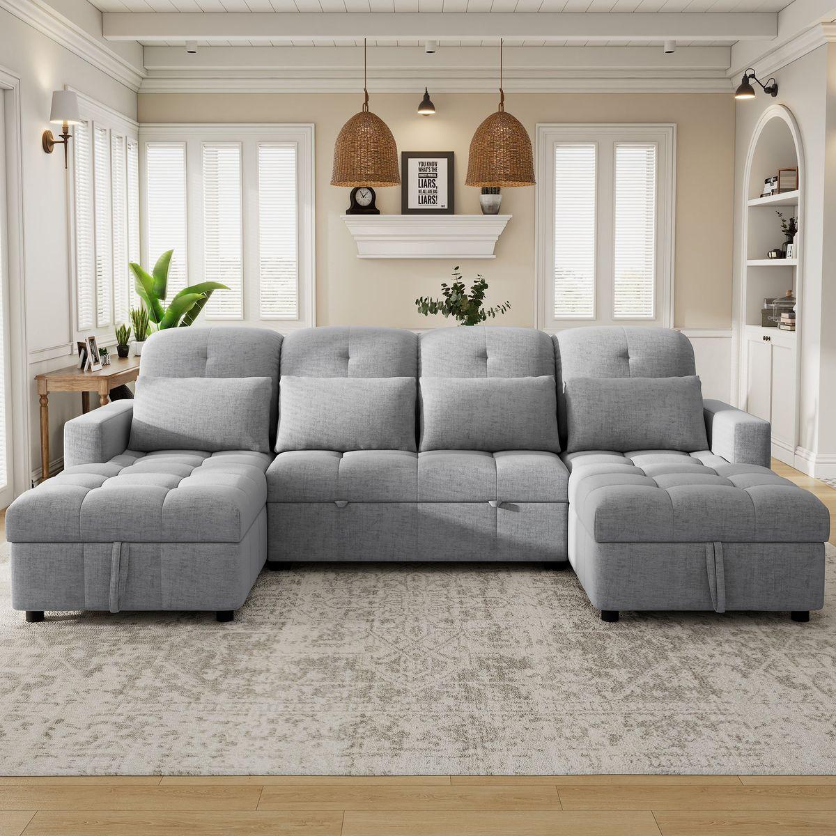 110.2' Oversized U-shaped Sofa Versatile Sectional Sofa Pull-out Sofa Bed with Double Storage Chaise Lounges and Two USB Ports for Living Room,Gray