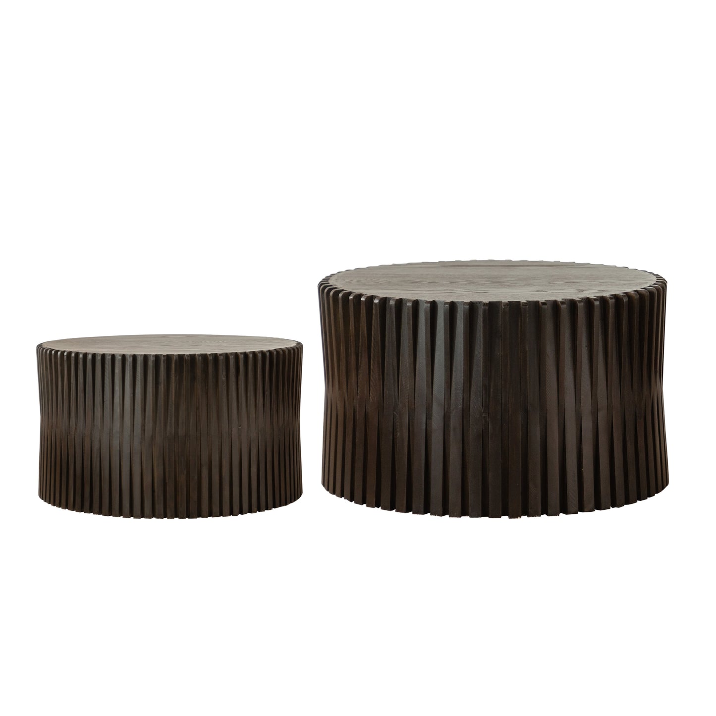 Vintage Fashion Style Cylindrical Nesting Coffee Table Set with Vertical Textured Embossed Design for Living Room, Office and Dining Room, Dark Brown (Set of 2)