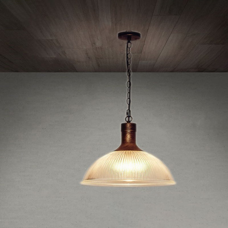 Hélène's Clear Ribbed Glass Dome Pendant Light - Industrial Bronze Black Hanging Light for Living Room