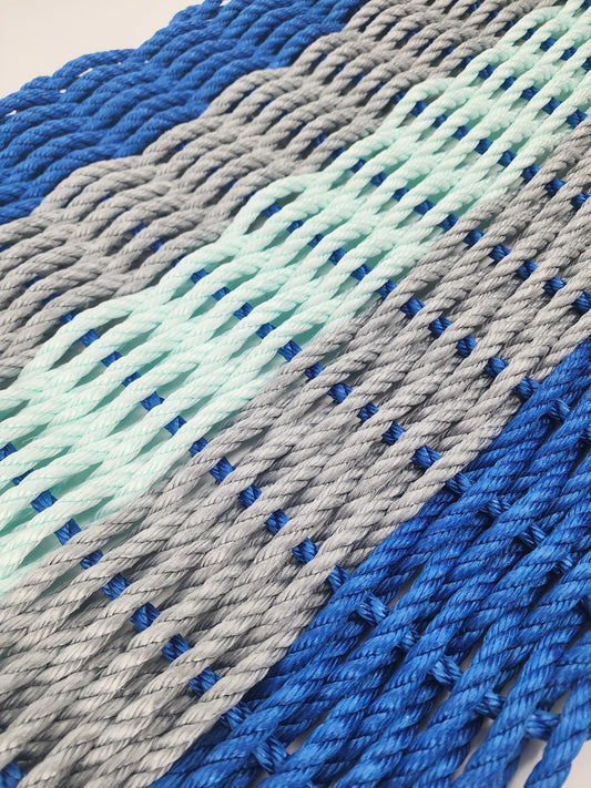 Area Rug: Five Stripe Rope Mat made with Lobster Rope, Blue Gray and Seafoam by Little Salty Rope