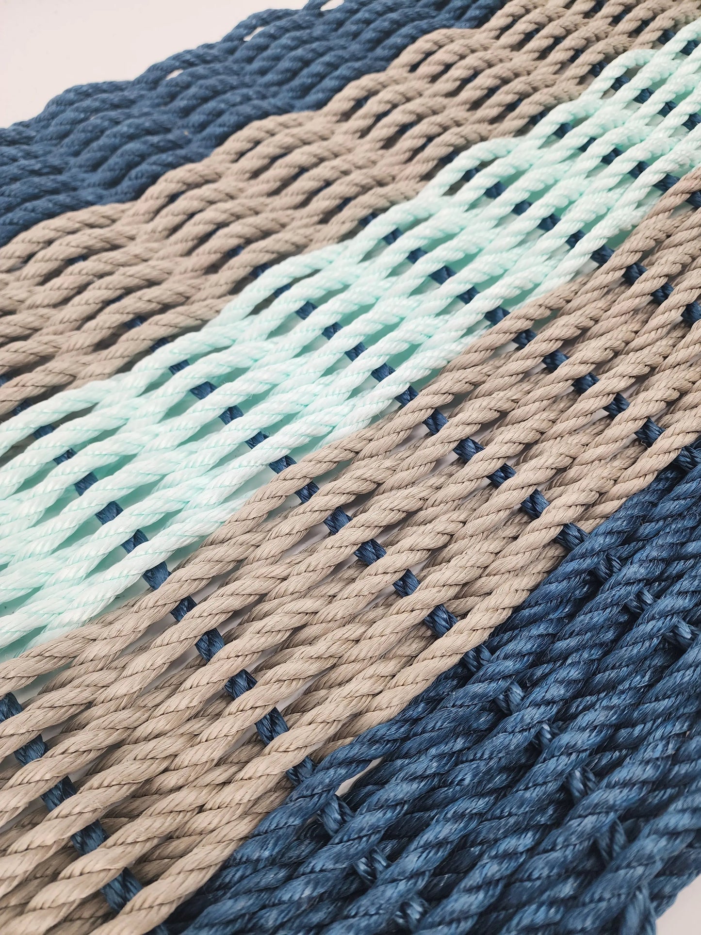 Area Rug: Five Stripe Rope Mat made with Lobster Rope Navy, Tan and Seafoam by Little Salty Rope
