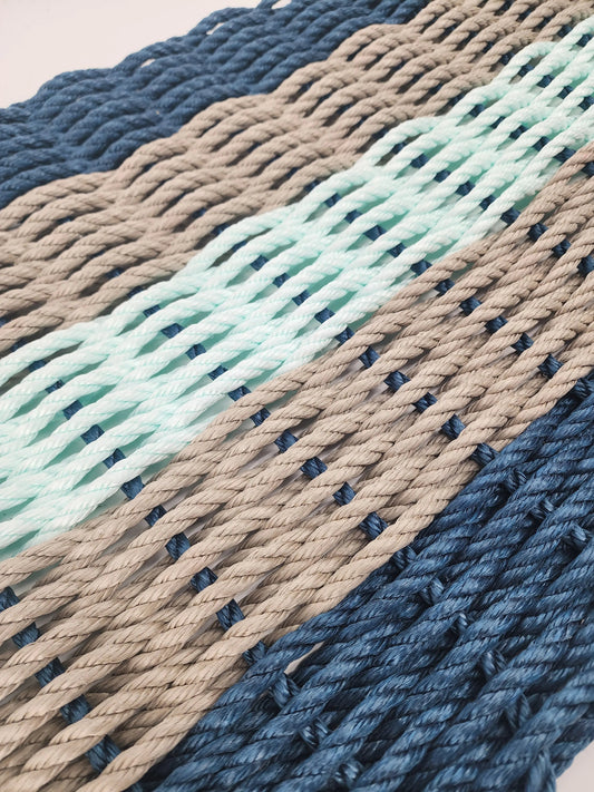 Area Rug: Five Stripe Rope Mat made with Lobster Rope Navy, Tan and Seafoam by Little Salty Rope