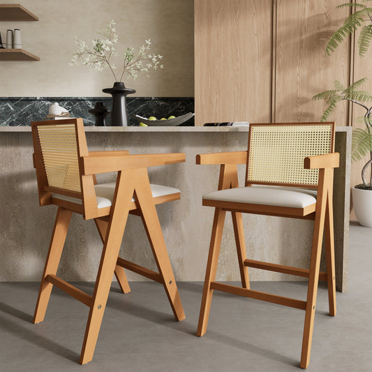 27' Height, Cream Woven Cane Plastic Backrest Bar Stool - Foam-Padded Fabric Seat & Durable Rubberwood Frame