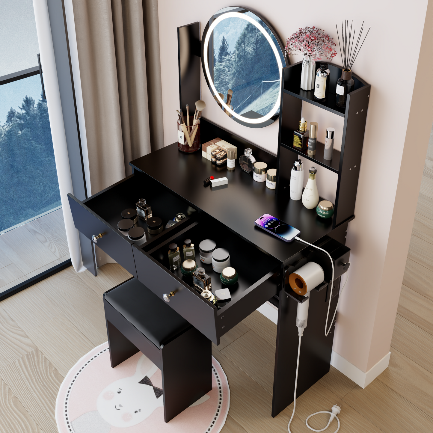 17' Round LED Mirror Vanity Table+Cushioned Stool, Equipped With 2 AC+2 USB Power Socket, Big Mirror, Touch Switch, 3 Colors, Adjustable Brightness, Large Desktop, Multi-layer High Capacity Storage