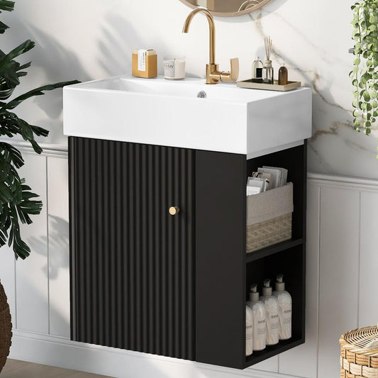 21.6 inch Modern Floating Bathroom Vanity with Ceramic Basin - Perfect for Small Bathrooms, Right side storage