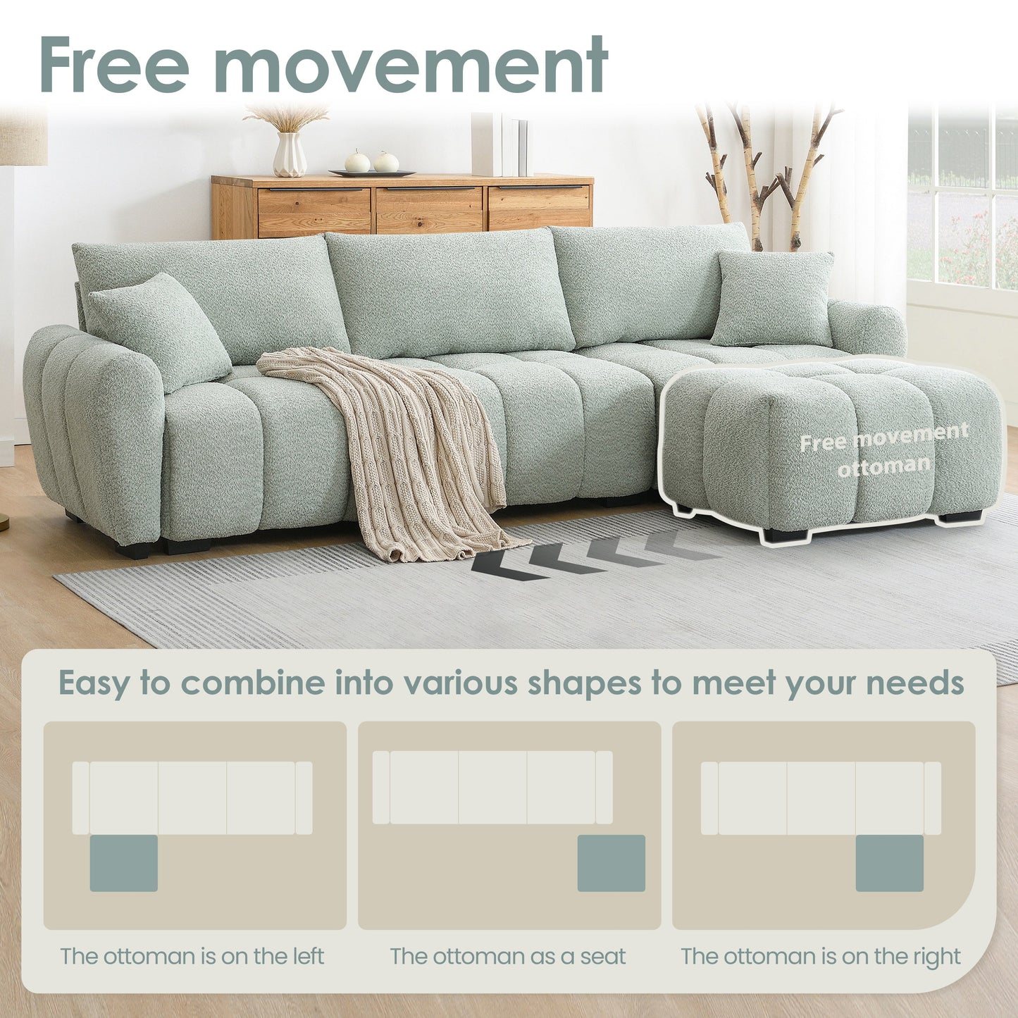 [VIDEO] 110' Modular Sectional Sofa, L Shape with Extra-large Seat, Pull-line Design, Movable Ottoman, High Density Foam, Free Combination, Sturdy Metal&Wood Frame, Boucle Fabric, 3 Colors