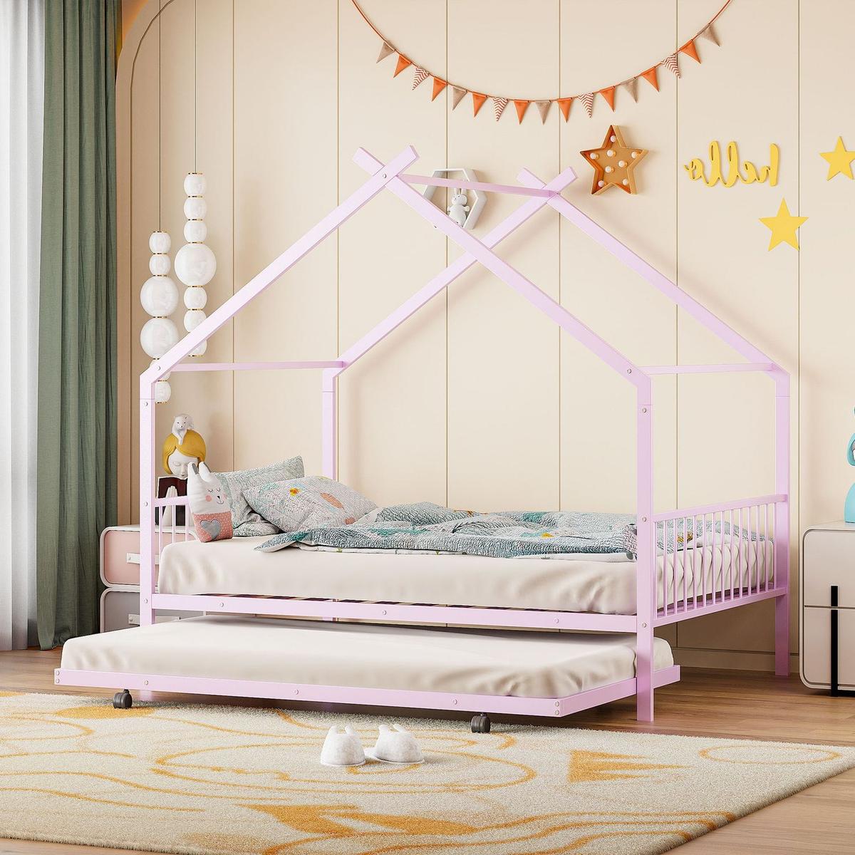 Bedroom Bedding & Decor: Full Size Metal House Bed with Twin Size Trundle, Pink by Streamdale Furniture