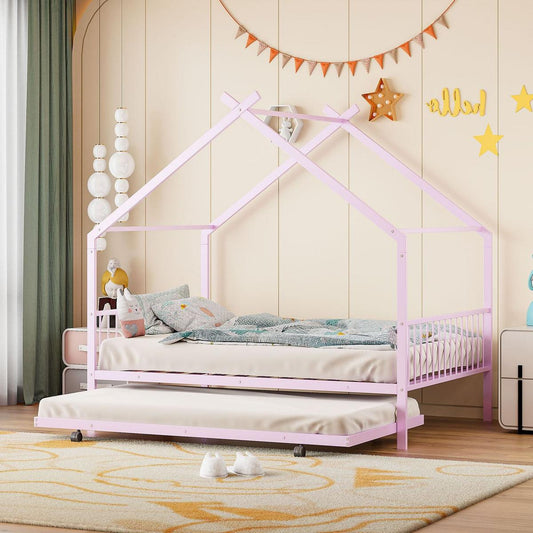 Bedroom Bedding & Decor: Full Size Metal House Bed with Twin Size Trundle, Pink by Streamdale Furniture