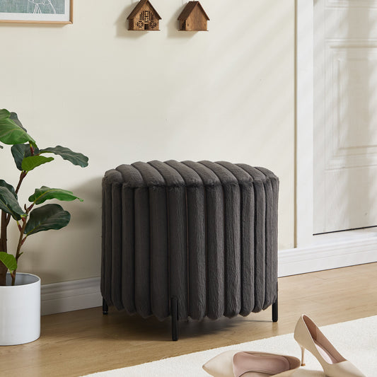 22.05' Wide Upholstered Round Pouf Ottoman Foot Rest with Black Metal Legs, Faux Fur Finish, Charcoal