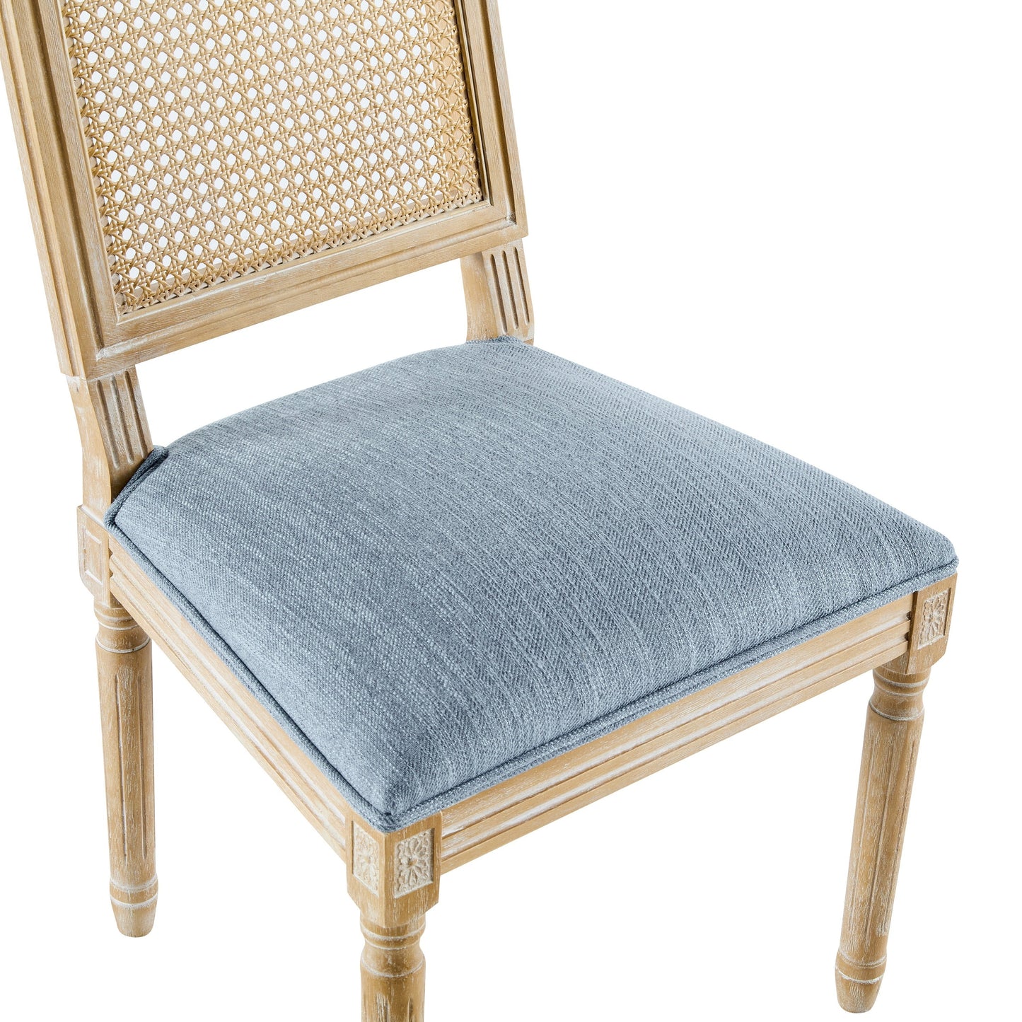 Vintage Inspired Set of 6 French Country Dining Chairs with Cane Backrest & Upholstered Seats in Rustic Weathered Finish