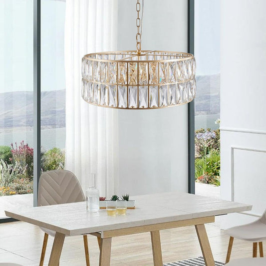 Lighting Fixture: Modern Crystal Drum Chandelier, 6-Light Pendant Lighting Fixture with Golden Metal Frame for Living Room, Dining Room, and Bedroom (Bulbs Not Included) by Streamdale Furniture