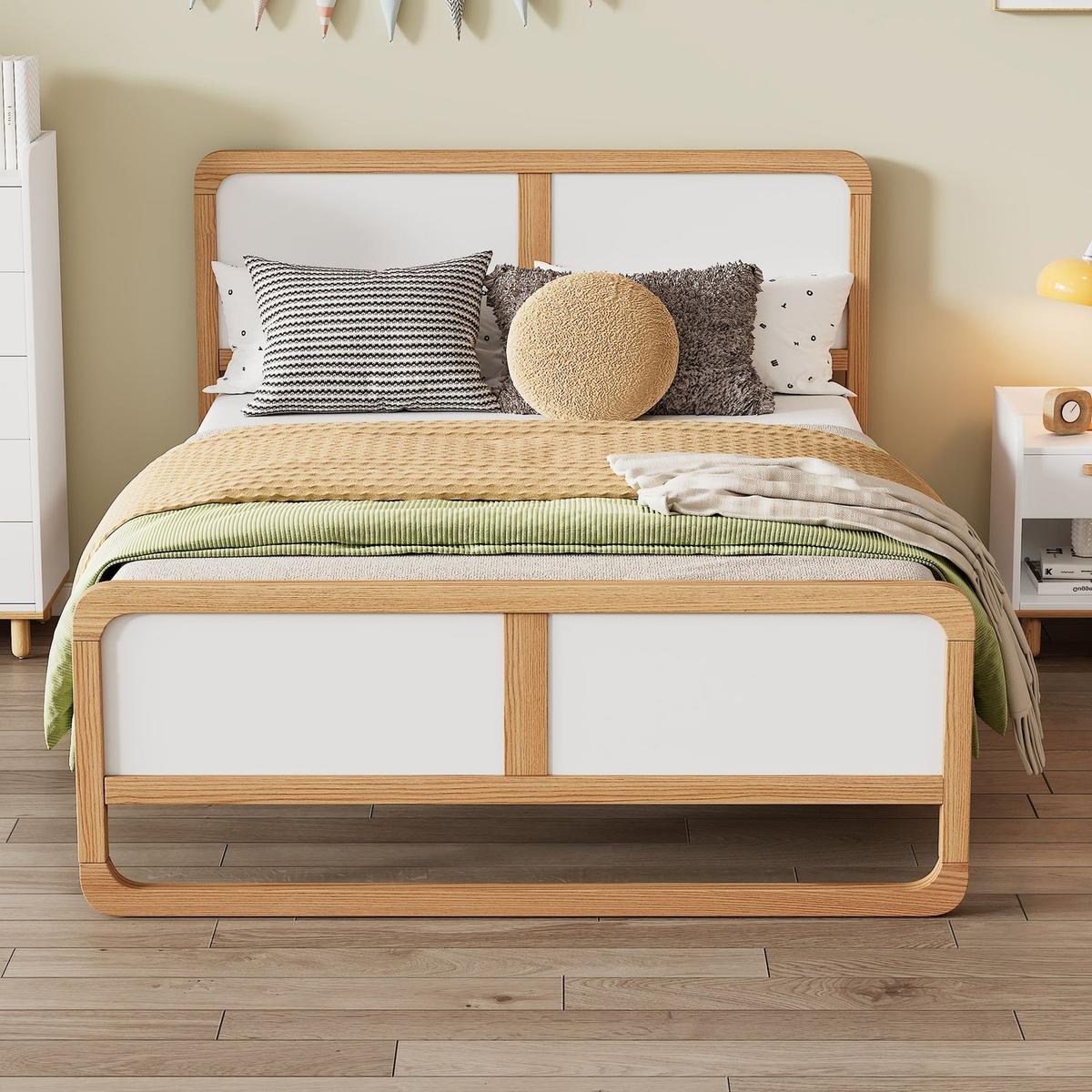 Bedroom Bedding & Decor: Modern Style Queen Size Solid Wood Platform Bed for Kids, Teens, Adults, No Need Box Spring, Walnut and White by Streamdale Furniture