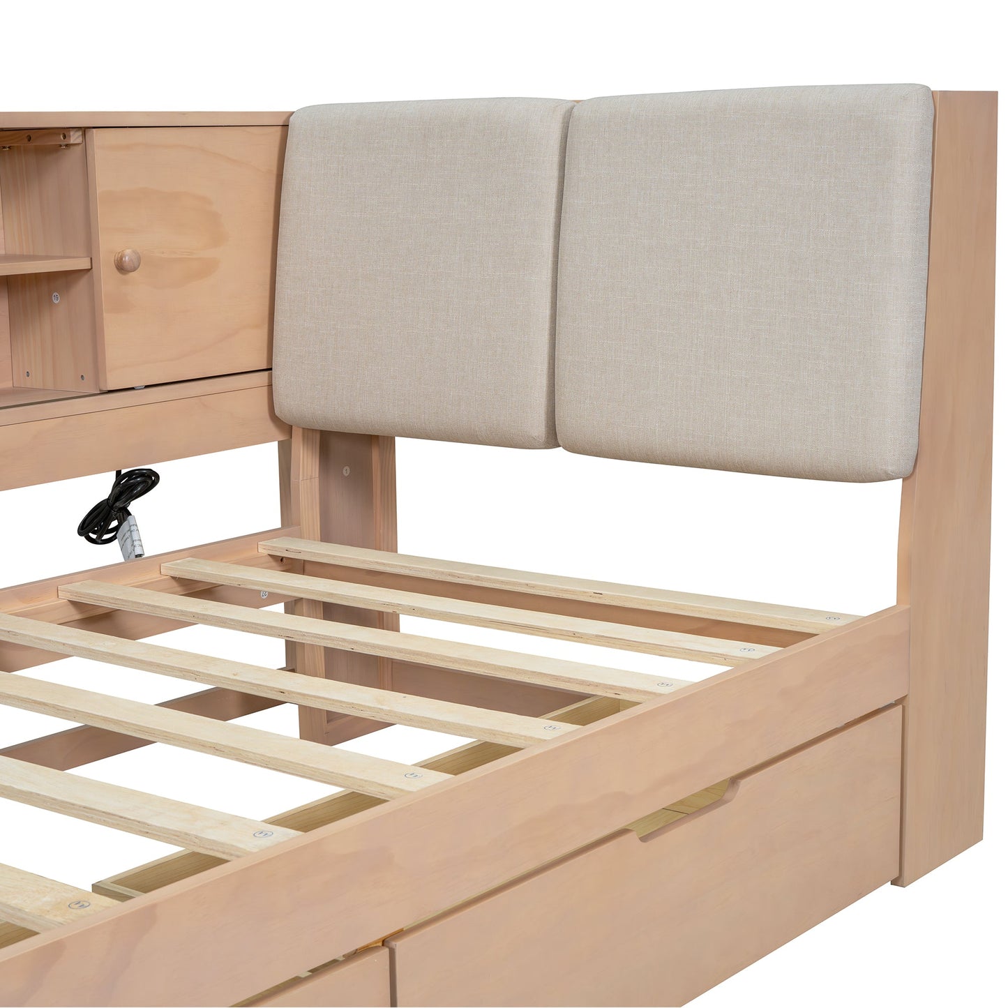 Wooden Twin Size L-shaped Daybed Corner Bed Under-bed Drawers  with Storage Bookcase and Upholstered Headboard and USB Charging Ports for Limited Space,Natural