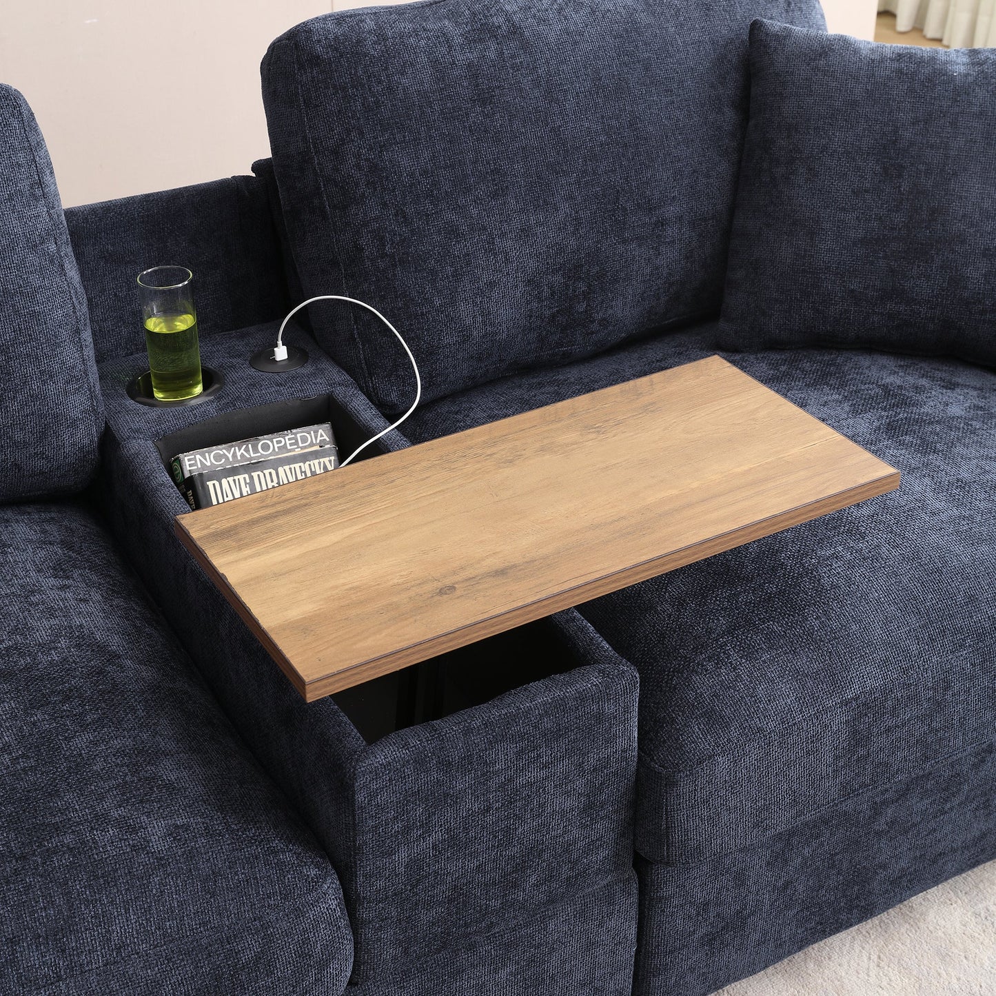 120.3'Sectional Sofa ,L-Shaped Oversized Couch ,Comfy Cloud Couch Set with Drop Down Table,360-degree Swivel tray ,Cup Holders,USB Charger,Storage Ottoman and Armrest,Wide Seat Sofa for Living room
