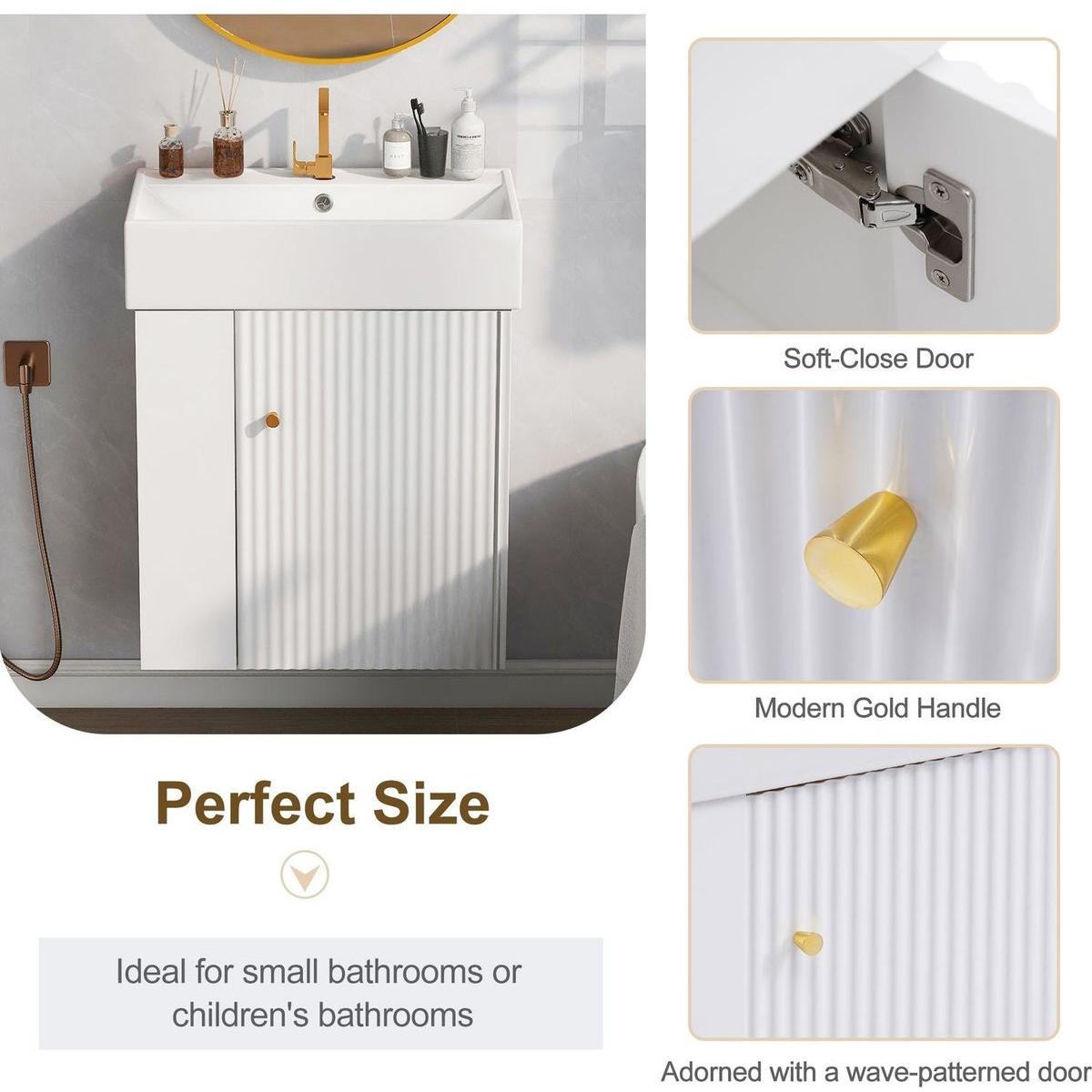 21.6inch Modern Floating Bathroom Vanity with Ceramic Basin - Perfect for Small Bathrooms, Left side storage