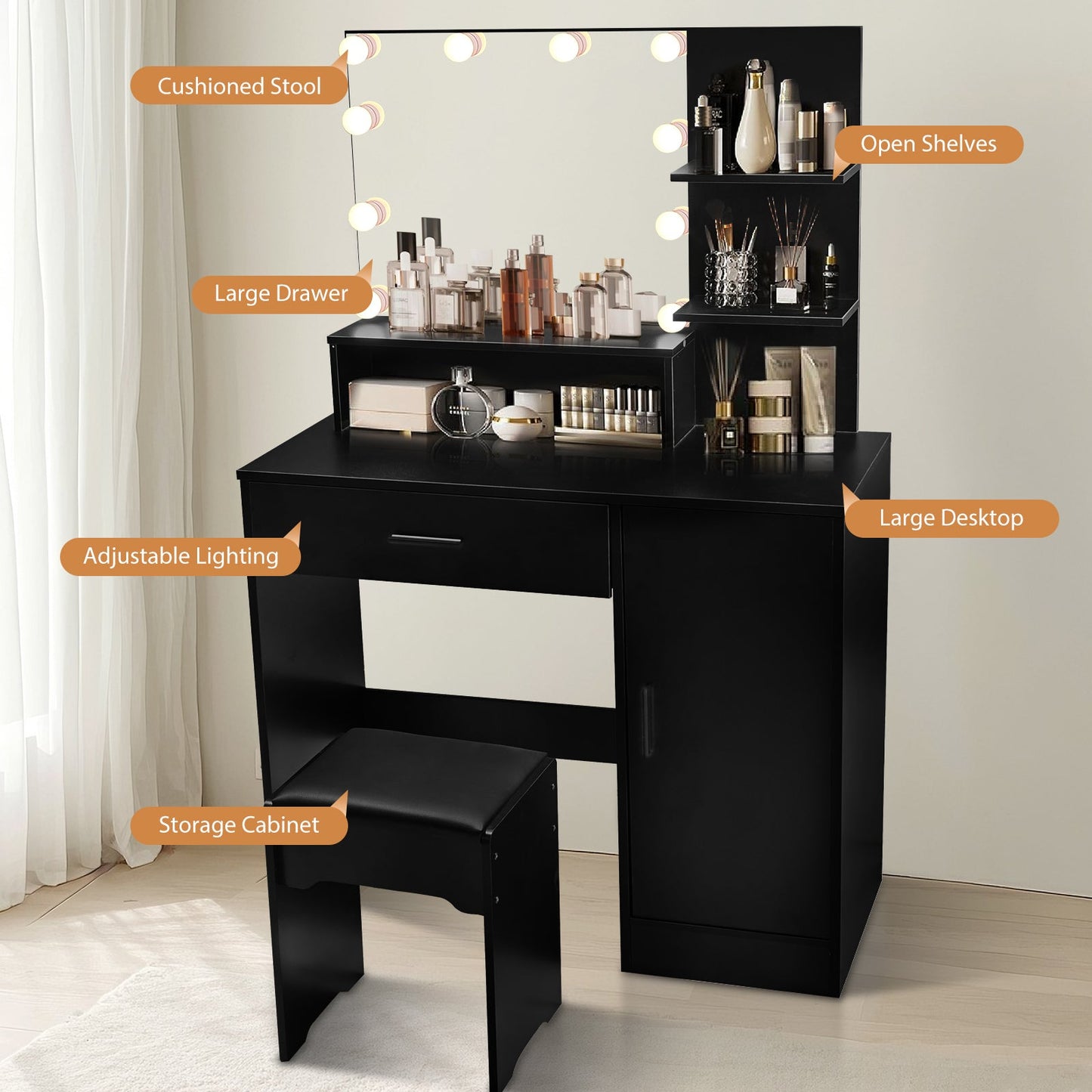 Vanity Desk with Mirror and Lights, Makeup Vanity with Drawer & Storage Cabinet, 3 Adjustable Lighting Colors, Makeup Desk with Open Shelves for Bedroom, Dressing Room, Black