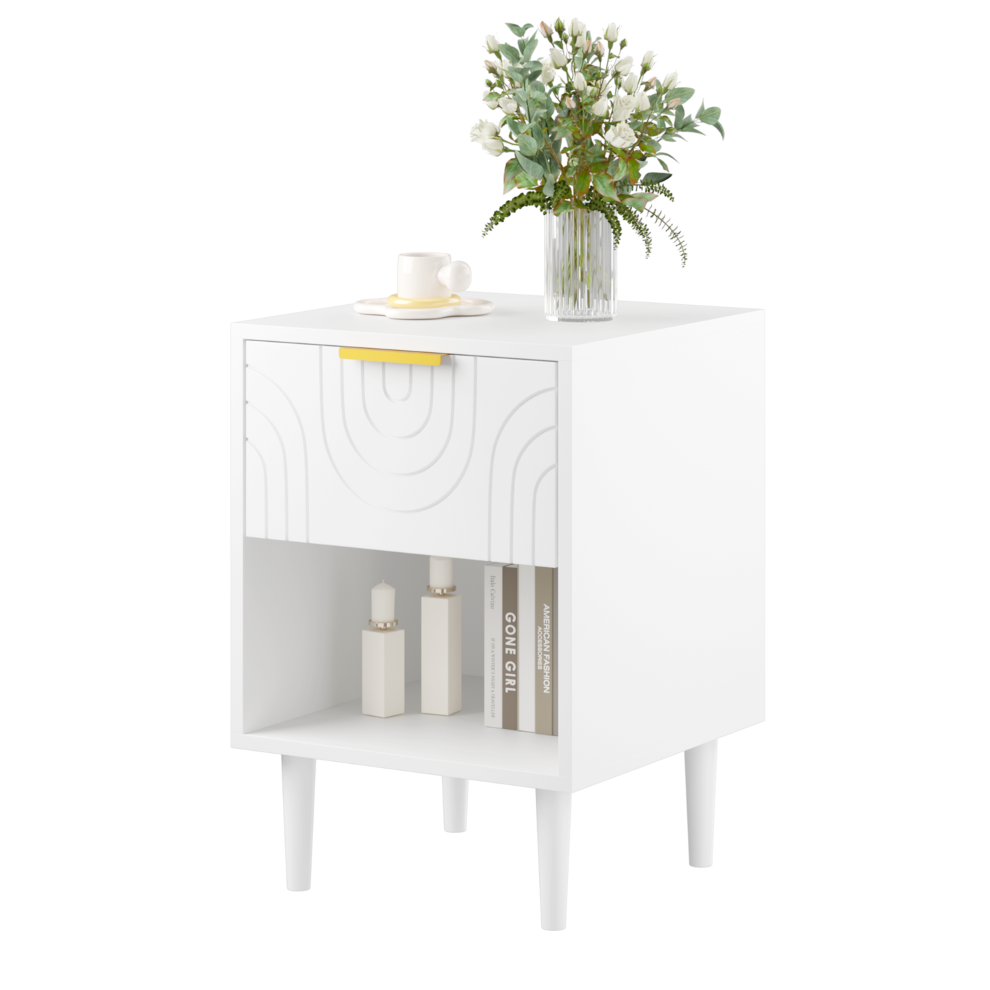 22.83'' H Modern White Nightstand with One Drawer and Open Shelf, Gold - Accented Handle, Ideal for Bedroom Decor