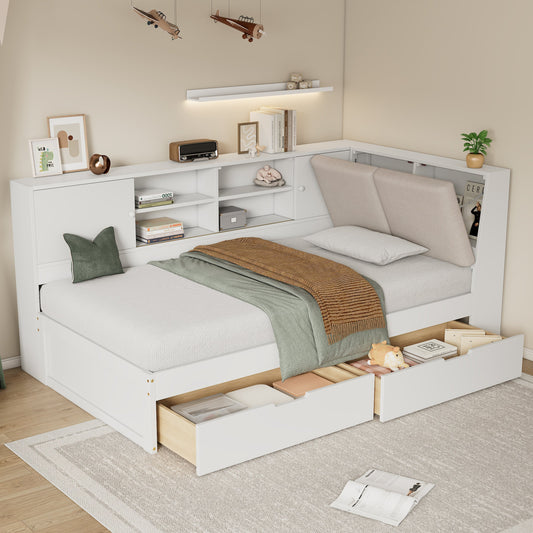 Wooden Twin Size L-shaped Daybed Corner Bed Under-bed Drawers  with Storage Bookcase and Upholstered Headboard and USB Charging Ports for Limited Space,White