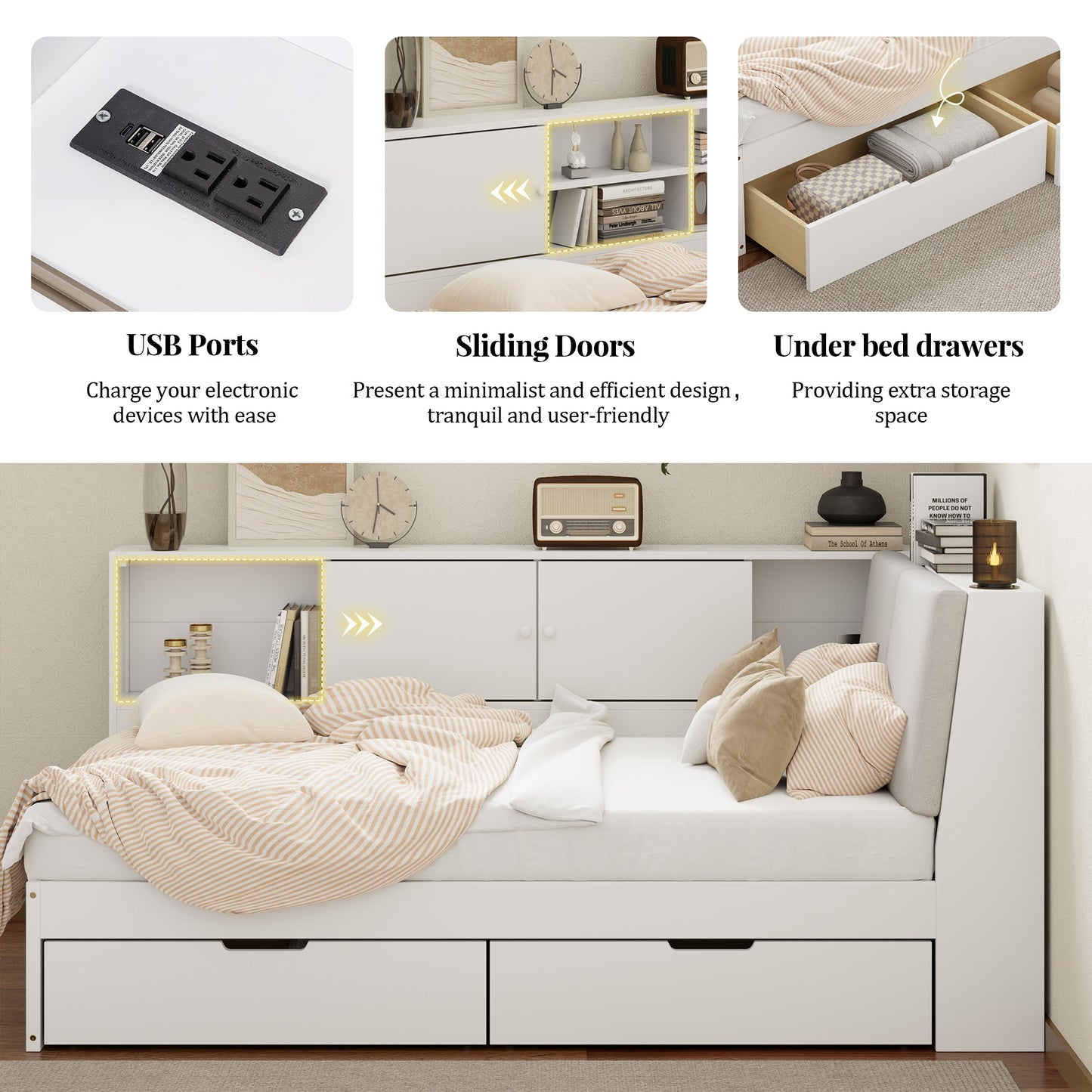 Wooden Twin Size L-shaped Daybed Corner Bed Under-bed Drawers  with Storage Bookcase and Upholstered Headboard and USB Charging Ports for Limited Space,White